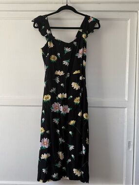 LOFT Black Midi Dress with Yellow and Pink Floral Print